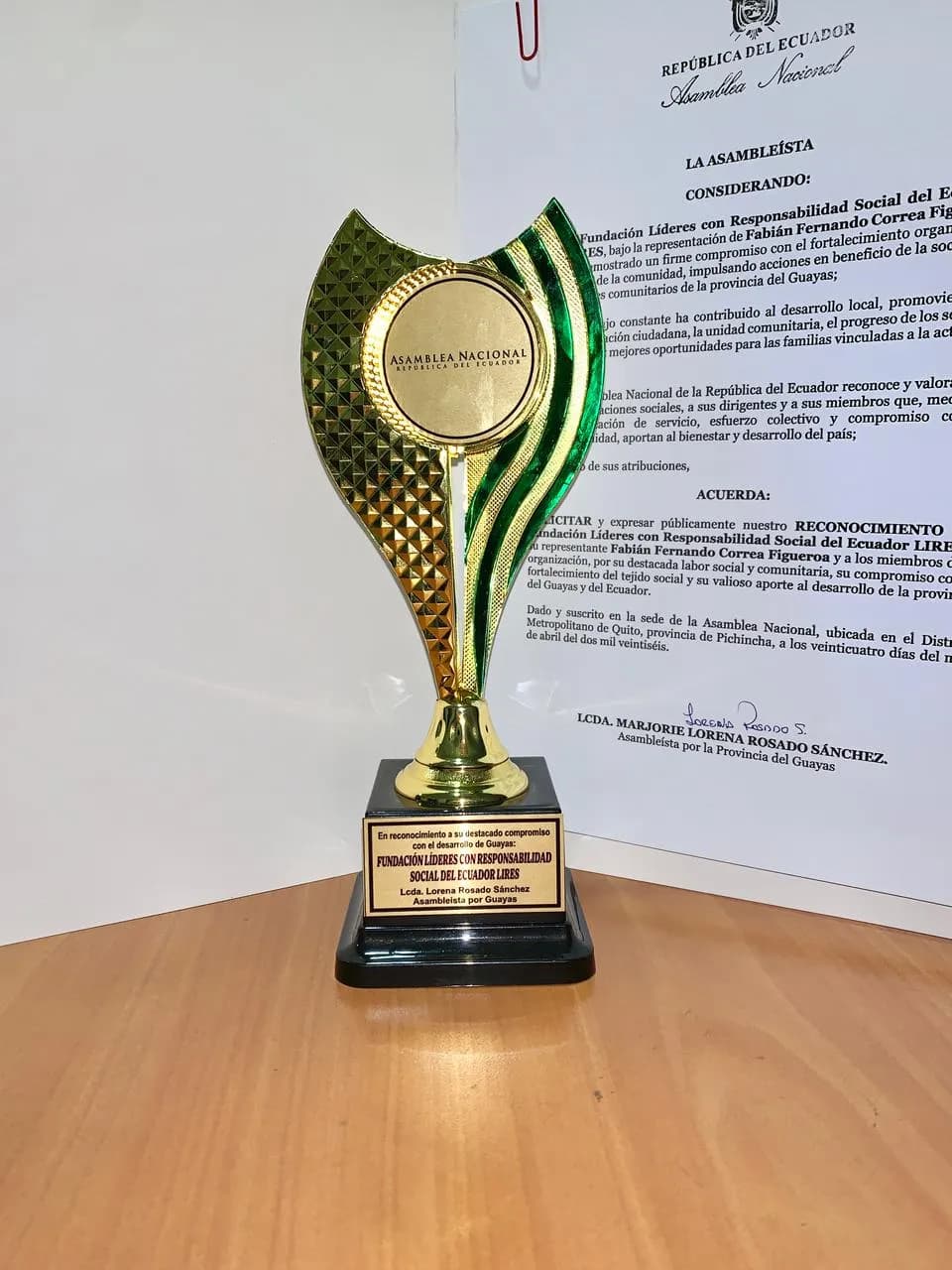 Reconocimiento de la Asamblea Nacional a Fundación LIRES